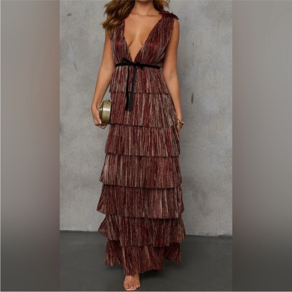 Vici Burgundy Tiered Plunging Maxi Dress with Black Waist Tie